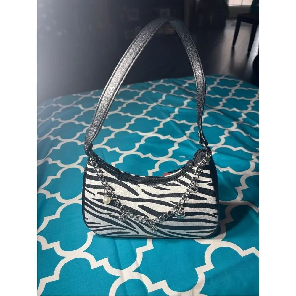 New Like Dreams Zebra Print Mini Shoulder Bag with Chain Accent - Black & White